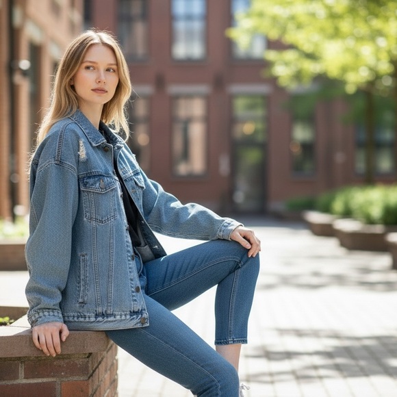 Bershka Oversized Distressed Denim Jacket XS Light Blue - Picture 3 of 7